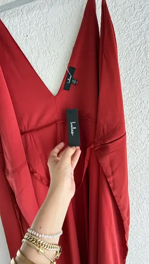 Lulus Poised Sophistication Rust Red Satin Wrap Maxi Dress - NWT - Size M - 63" Length thumbnail 14
