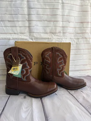 Roper Brown Leather Western Boots with Blue and Cream Embroidery thumbnail 4