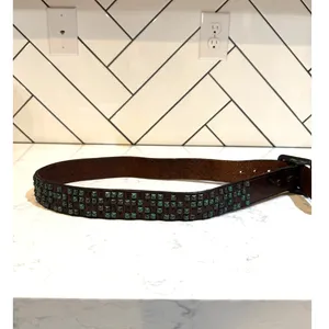 Vintage Brown leather metal turquoise patina studded belt size 34-38” western thumbnail 7