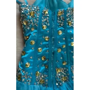 Aqua Blue Rhinestone Embellished Tulle Prom Gown Corset Back Sweetheart Dress thumbnail 8
