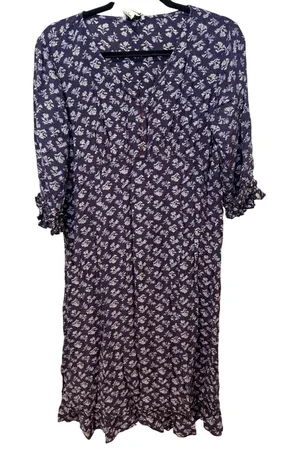 April Cornell Vintage Purple Floral Rayon Midi Dress Ruffle Sleeve V-Neck Large thumbnail 1