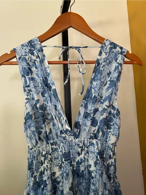 Abercrombie & Fitch Crinkle Shirred Waist Maxi Dress Floral Blue White‎ NEW XS thumbnail 9