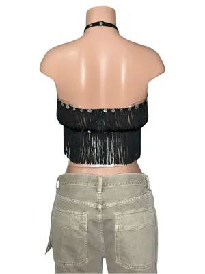 JADED LONDON Asha Fringed Button Crossover Top, Black, XS thumbnail 7