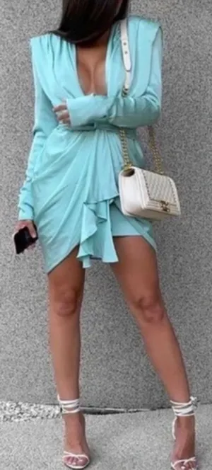 House of CB Pascale Aqua Draped Plunge Satin Mini Dress Womens Size M Mint Green thumbnail 1