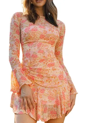 Selfie Leslie Adalia floral bell sleeve mini Dress Pink wedding feminine size S thumbnail 1