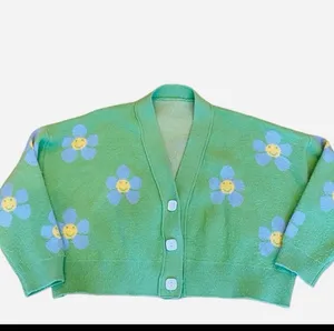 Cropped Smile Flower Vneck Cardigan Sweater Green Blue Yellow Relax Fit M thumbnail 3
