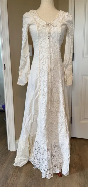 Vintage 70s Prairie Maxi Dress Lace Cottagecore Boho Off White Gunne Sax‎ Style thumbnail 1