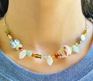 Handmade Kawaii porcelain maneki-neko (lucky cat) & Czech glass beads mix unisex necklace/choker💚🐈🌿 thumbnail 4