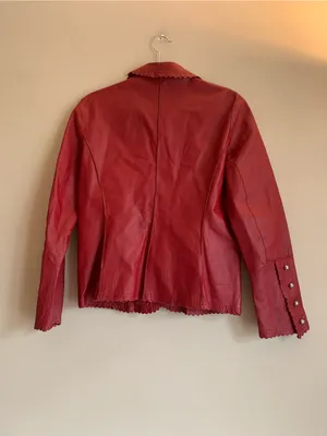 Cami NYC Red Scalloped-Trim Leather Button Jacket Women Size 12 Vintage thumbnail 4