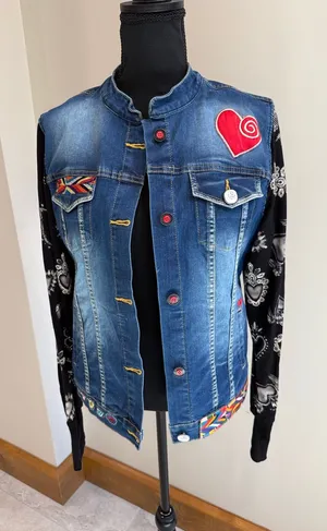 Ay Guey! Embroidered Wearable Art Denim Jacket Mexican Unique Boho SIze M thumbnail 1