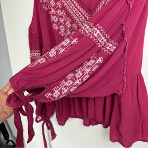 American Eagle Embroidered Boho Top Sz XL Pink Balloon Sleeves thumbnail 12