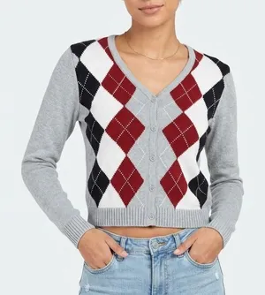 Brandy‎ Melville Elizabeth Argyle Cropped Cardigan Gray Red Navy Size Small thumbnail 1