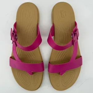 Crocs Tulum Toe Post Sandal Flip Flop Fuchsia Pink Tan Women 10 Buckle Straps thumbnail 3