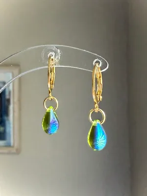 Handmade aurora olive green mini teardrop Czech glass simple minimalist earrings💚🫒💕 thumbnail 3