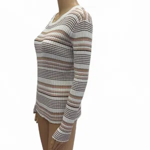 Nine West Striped Ribbed Long Sleeve Knit Top Ivory Brown Juniors XL thumbnail 4