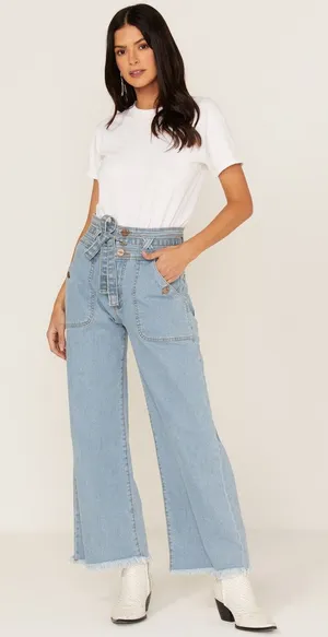 Lola Reese Jeans High Rise Wide Leg Crop Jeans‎ Light Wash Belted Womens Size 30 thumbnail 1