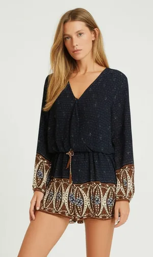 Bohemian Long Sleeved Semi Sheer Lined Romper Size XL Black and Brown thumbnail 1