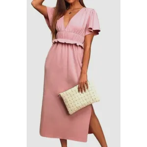 Lulus 100% Cotton Midi Dress Women's M Mauve Flutter Sleeve Smocked Waist V Neck thumbnail 2
