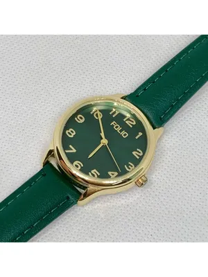 Folio gold tone women’s watch green dial leather band 34mm quartz analog running thumbnail 2