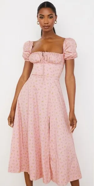 NWOT House of CB Pink Floral Tallulah Puff sleeves midi dress sz L thumbnail 1