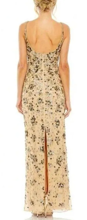Mac Duggal 5477 Beige Gold Floral Embellished Scoop Neck Evening Gown Sz 10 thumbnail 2