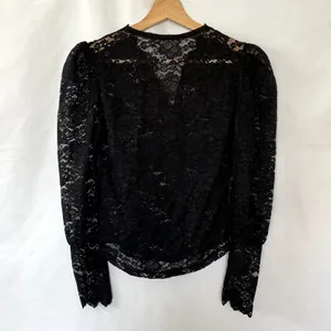 Vintage goth black lace v-neck sheer women's S blouse puffed sleeves victorian thumbnail 6