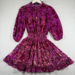 o.p.t Womens Floral Burnout Velvet Mini Dress Magenta Pink Smocked‎ Waist XS thumbnail 1
