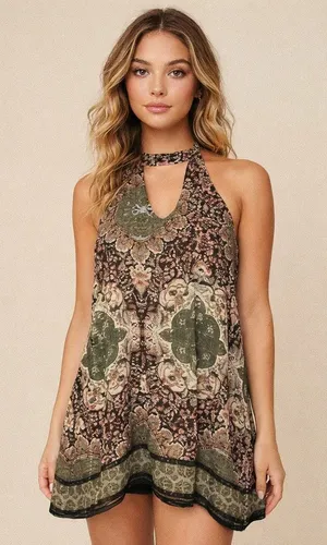 Olivaceous Olive Green Pink Batik Quatrefoil Print Shift Dress Choker Neck MED thumbnail 1