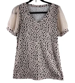 Tan Beige Black Dalmatian Print V Neck Blouse Sheer Swiss Dot Mesh Puff Sleeve S thumbnail 1