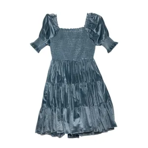 Baltic Born size large mini new velvet Smocked Square-Neck Dress Steel Blue thumbnail 12
