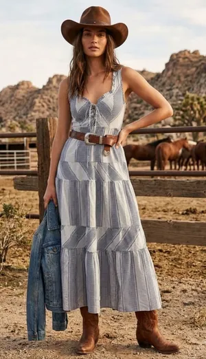 Betsey Johnson Stripe Play Yarn-Dye Tiered Maxi Dress Blue Small size Gingham thumbnail 1