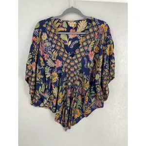Lola P Womens Blouse Blue Floral Paisley V-Neck Tie Front XL thumbnail 2