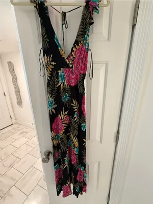 Billabong Black Floral Wrap Dress with Pink & Teal Blooms thumbnail 3