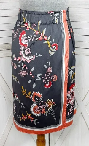 Loft Floral‎ Satin Faux Wrap Scarf Skirt Grey Coral Medium thumbnail 1