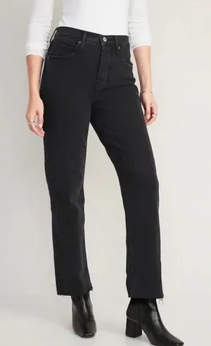 Old Navy Sky-Hi Extra High Rise Straight Leg Black Jeans Raw Hem Button Fly 6 thumbnail 1
