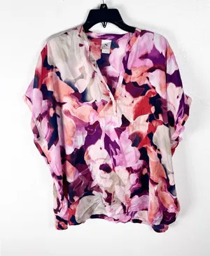 NATORI Multicolored Watercolors Short Sleeves Tunic Top Large Casual Flowy Artsy thumbnail 1