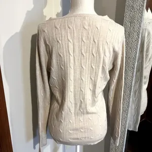 Women’s Beige Cable Knit V Neck Sweater, Preppy Classy, Size Medium thumbnail 2