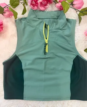 Old Navy PowerSoft Sleeveless Half Zip Crop Top L Green Colorblock Activewear thumbnail 1