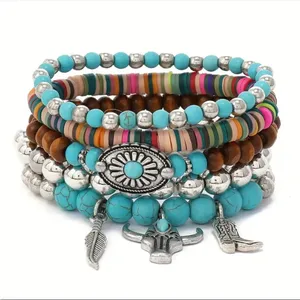 Western Lovely Vibrant Turquoise Stone Beaded Stretch Bracelet Elegant Stackable Brown thumbnail 7