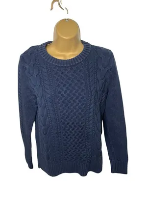 Tommy Hilfiger The Icons Collection Cable Knit Sweater Crew Hem Slits Navy S thumbnail 1