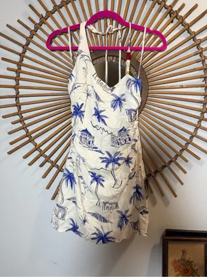 Lulus Inina Ivory & Blue Print Asymm Halter Printed Mini Dress Vacation Resort Beach thumbnail 5