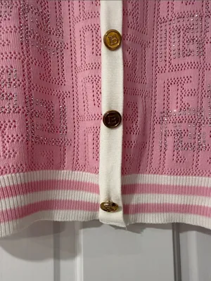 Women’s Pink Short-Sleeve Knit Cardigan with White Trim Gold Buttons thumbnail 3