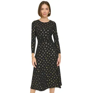 NWT Tommy Hilfiger Womens Printed Ruched-Waist Dress A4IJ114A Black / Gold 2 thumbnail 4