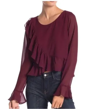 Line & Dot Revolve Burgundy‎ Violet Ruffled Long Bell Sleeve Blouse Size XS thumbnail 1