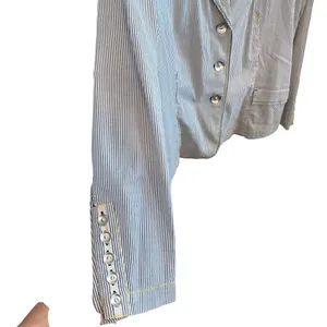 Chico's Seersucker Striped gray white yellow Yachtie Blazer coastal classic thumbnail 10