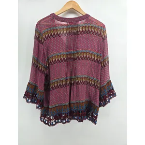 Sundance Silk Blouse Womens XL Boho Pintuck Crochet Lace Pink Paisley V-Neck * thumbnail 3