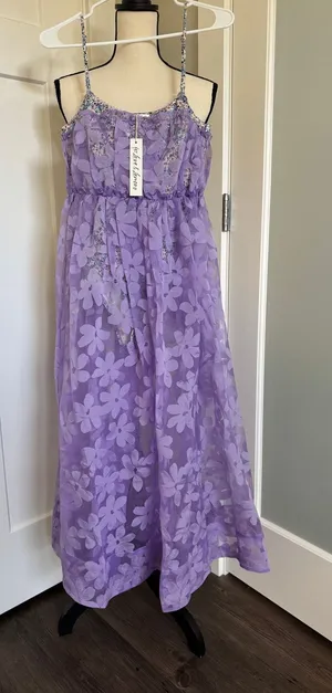 NEW For Love & Lemons Villegas Dress Floral Purple Lace Midi Dress Womens Small thumbnail 1