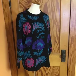 Vintage 80s Sparkly Floral Sweater Black Purple Teal Oversized Retro Cozy thumbnail 6