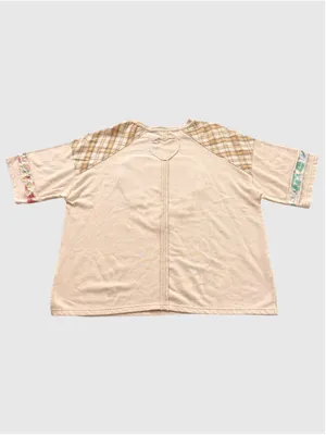 Women's Easel Plaid Floral Print Peach Heart Patched Top M/L thumbnail 3