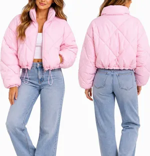 Love Tree Womens Size L Pink Cropped Puffer Jacket Full Zip Drawstring Hem NWOT thumbnail 2